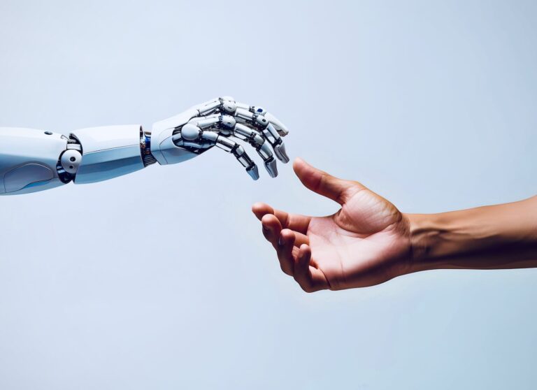 A white AI robot's hand touching a human hand, symbolizing future living, human-machine interaction, and collaboration between humans and machines
