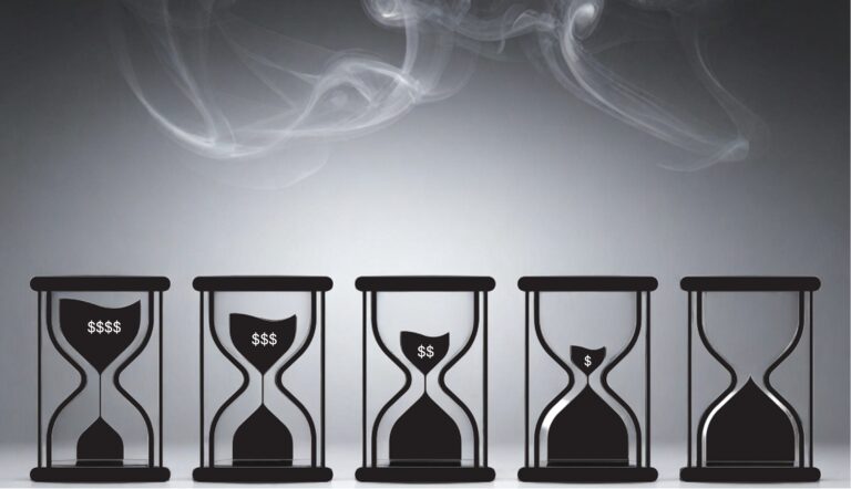 smoke in sky with hourglasses slowly declining revenue