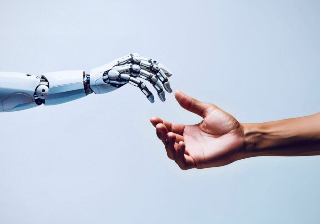 A white AI robot's hand touching a human hand, symbolizing future living, human-machine interaction, and collaboration between humans and machines