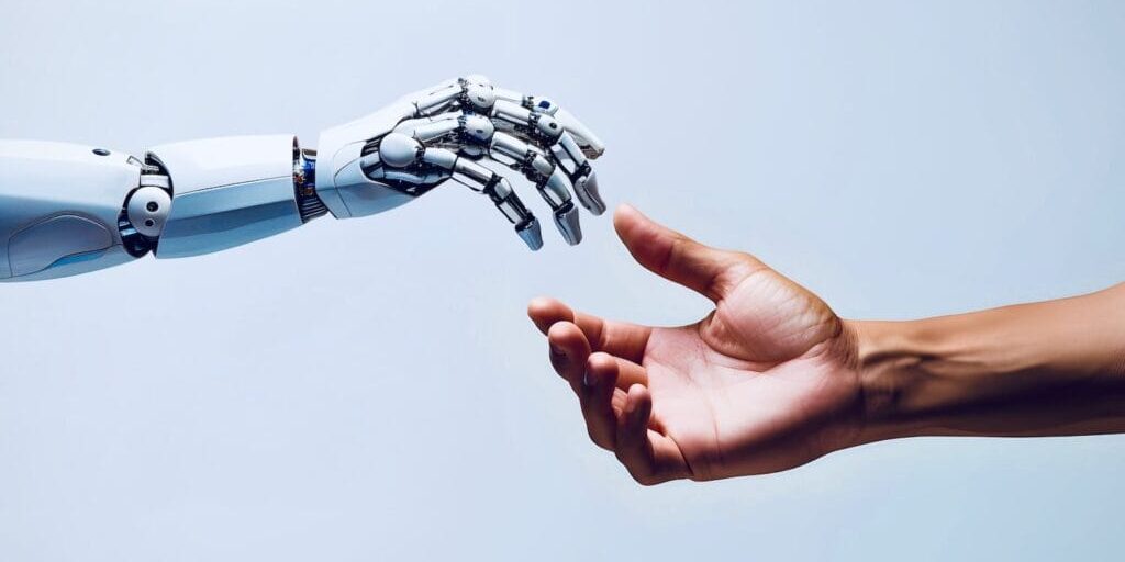 A white AI robot's hand touching a human hand, symbolizing future living, human-machine interaction, and collaboration between humans and machines
