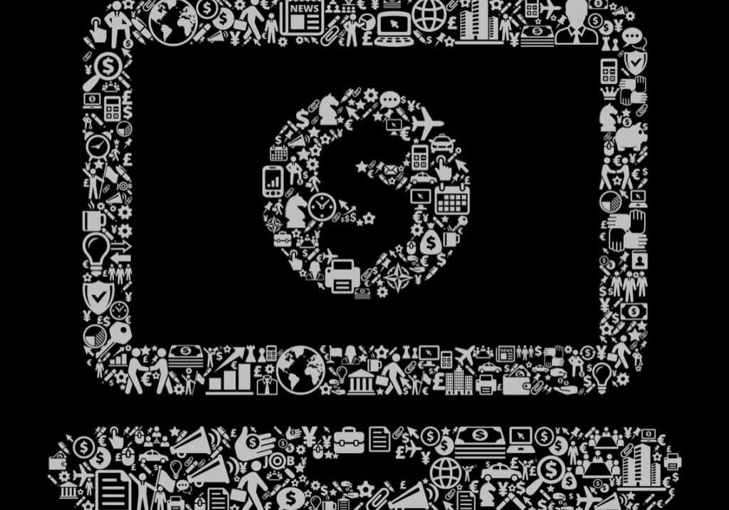 Laptop Coin  Icon Business and Finance Vector Icon Pattern. The outline of the main object is created by the pattern of business and finance icons. This business and finance icon pattern is light grey in color. The icons vary in size and are rendered on a solid black background. The icons include such popular business and finance symbols as business people, business meetings and travel, profits and financial charts and many more. You can also use each icon separately from the main black background or as part of an icon set.